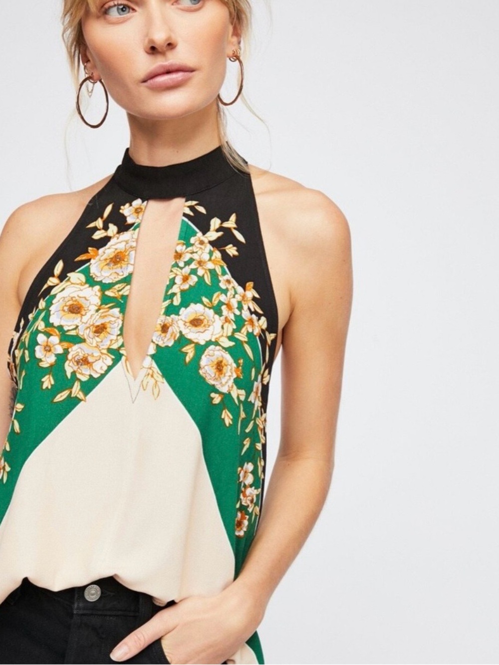 Free People Beat of the Heart Floral Keyhole Halter Top